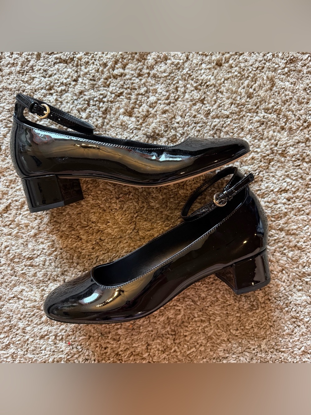 Black Patent Round Toe Ankle Strap Block Heels Marc Fisher